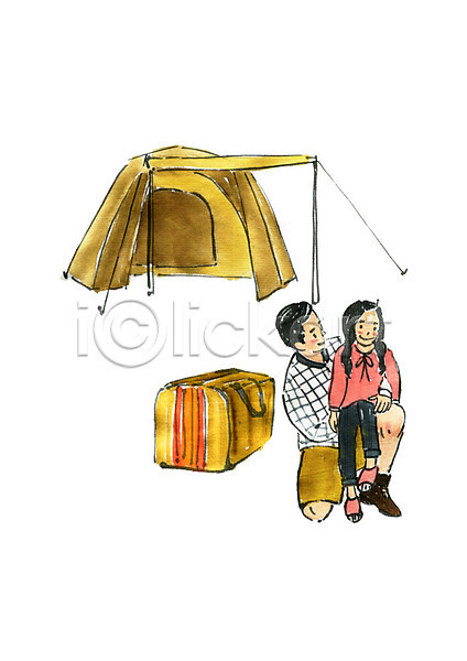 남자 두명 사람 성인 어린이 여자 PSD 일러스트 가방 가족여행 미소(표정) 부녀 수채화(물감) 앉기 여행 응시 전신 짐 캠핑 텐트