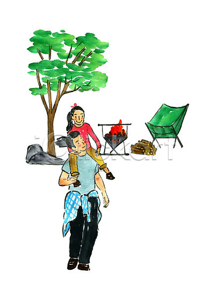 남자 두명 사람 성인 어린이 여자 PSD 일러스트 가족여행 나무 모닥불 목말 미소(표정) 부녀 수채화(물감) 야외 야외의자 여행 장작 전신 캠핑