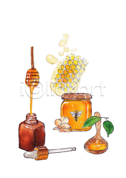 사람없음 PSD 일러스트 꿀단지 꿀벌 나뭇잎 번짐 벌꿀 벌집 뷰티 수채화(물감) 숟가락 에센스 천연화장품 한마리 허니디퍼 화장품
