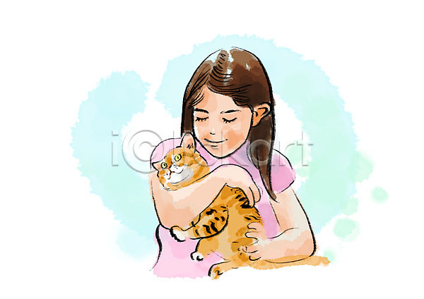 사람 소녀한명만 어린이 여자 한명 PSD 일러스트 고양이 반려 반려동물 반려묘 번짐 붓터치 상반신 수채화(물감) 안기 한마리