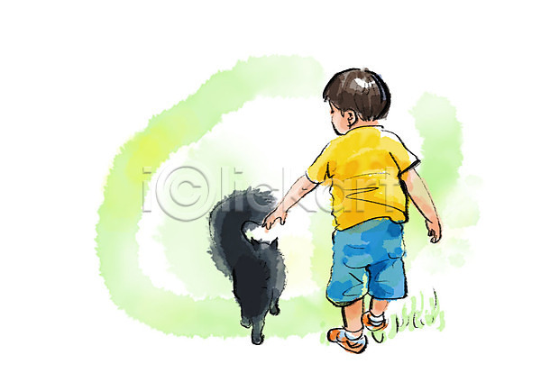 남자 사람 소년한명만 어린이 한명 PSD 일러스트 걷기 고양이 꼬리 만지기 반려 반려동물 반려묘 번짐 붓터치 수채화(물감) 전신 한마리