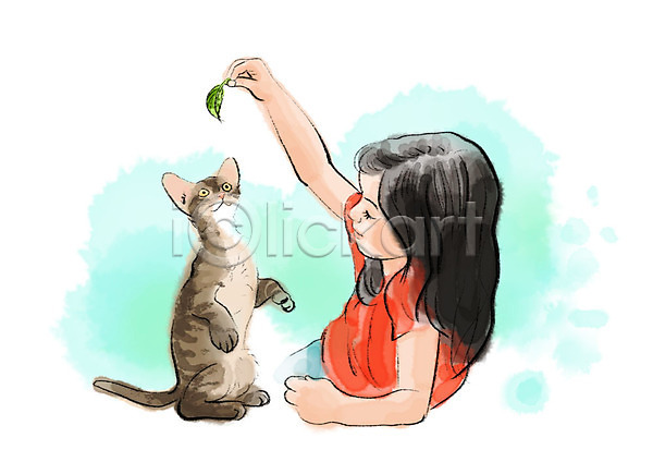 즐거움 사람 소녀한명만 어린이 여자 한명 PSD 일러스트 고양이 나뭇잎 놀이 미소(표정) 반려 반려동물 반려묘 번짐 붓터치 상반신 수채화(물감) 장난 한마리