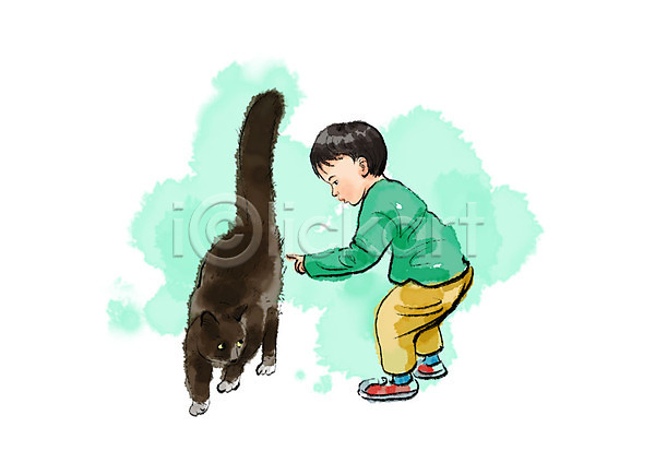 남자 사람 소년한명만 어린이 한명 PSD 일러스트 가리킴 고양이 만지기 반려 반려동물 반려묘 번짐 붓터치 서기 수채화(물감) 응시 전신 한마리