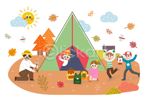 즐거움 남자 사람 성인 어린이 여러명 여자 AI(파일형식) 일러스트 가을(계절) 가을소풍 교사 낙엽 단풍 단풍나무 랜턴 미소(표정) 배낭 상반신 설치 야외 전신 캠핑 캠핑장 텐트 학생
