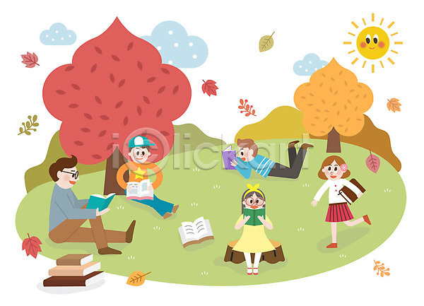 즐거움 남자 사람 성인 어린이 여러명 여자 AI(파일형식) 일러스트 가을(계절) 가을소풍 공원 교사 낙엽 단풍 단풍나무 독서 미소(표정) 앉기 야외 엎드리기 잔디 전신 책 책더미 학생