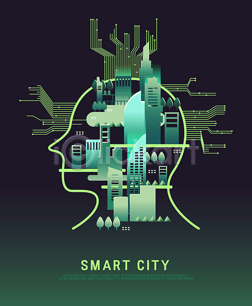 스마트 사람모양 사람없음 AI(파일형식) 실루엣 일러스트 4차산업 AI(인공지능) 건물 나무 도시 빌딩 사물인터넷 초록색 회로판