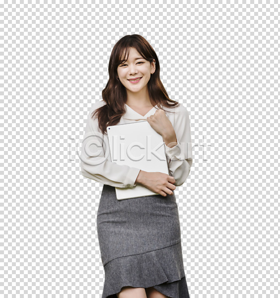 30대 사람 성인 성인여자한명만 여자 한국인 한명 PNG 앞모습 편집이미지 들기 미소(표정) 비즈니스우먼 상반신 서기 오피스룩 응시 태블릿 편집소스 포즈