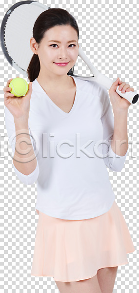 30대 사람 성인 성인여자한명만 여자 한국인 한명 PNG 앞모습 편집이미지 건강 건강관리 들기 미소(표정) 상반신 서기 운동 응시 취미 테니스 테니스공 테니스라켓 테니스복 편집소스 포즈