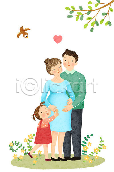 사랑 사회이슈 행복 남자 사람 성인 세명 어린이 여자 PSD 일러스트 가족 꽃 나뭇가지 만지기 미소(표정) 임산부 임신 조류 하트