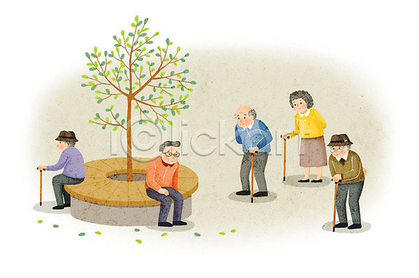 사회이슈 남자 노년 노인만 사람 여러명 여자 PSD 일러스트 고령화 공원 나무 서기 앉기 암울 전신 지팡이