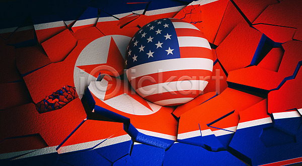 긴장 사람없음 3D PSD 디지털합성 편집이미지 3D소스 공 관세 국기 깨짐 무역 미국 백그라운드 북한 북한국기 빨간색 산산조각 성조기 충돌 파란색