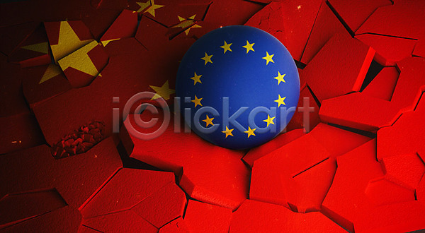 긴장 사람없음 3D PSD 디지털합성 편집이미지 3D소스 공 관세 국기 깨짐 무역 백그라운드 빨간색 산산조각 오성홍기 유럽연합 중국 충돌 파란색