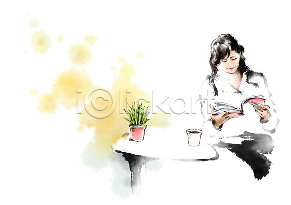 사람 성인 성인여자한명만 여자 한명 PSD 일러스트 가을(계절) 독서 머그컵 번짐 붓터치 상반신 앉기 책 캘리그라피 커피 탁자 화분