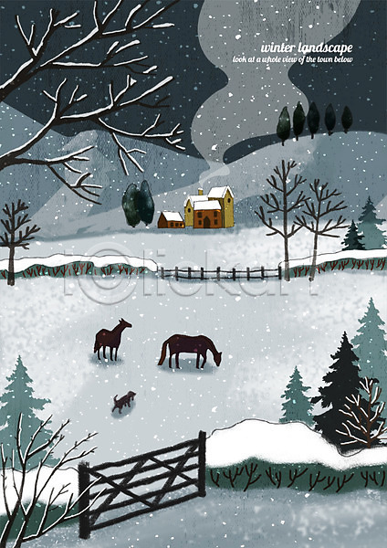 사람없음 PSD 일러스트 강아지 겨울 겨울배경 겨울풍경 계절백그라운드 나무 농장 눈내림 눈덮임 두마리 말(동물) 연기 울타리 주택 풍경(경치) 한마리