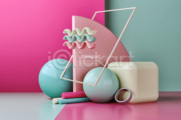 사람없음 3D PSD 디지털합성 입체 편집이미지 3D소스 막대기 물결무늬 민트색 백그라운드 분홍색 사각형 원형 입체도형