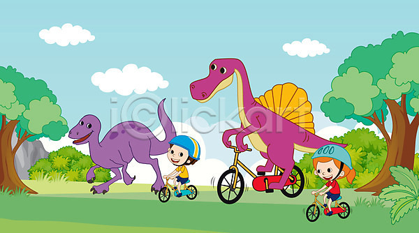 즐거움 남자 두명 사람 어린이 어린이만 여자 AI(파일형식) 일러스트 공룡 나무 두마리 승차 안전 자전거 잔디 전신 초원(자연) 풀숲 헬멧