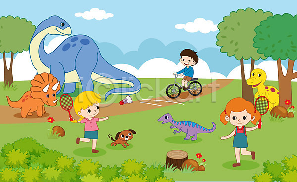 즐거움 남자 사람 세명 어린이 어린이만 여자 AI(파일형식) 일러스트 공룡 공원 나무 놀기 놀이 배드민턴 여러마리 운동 자전거 전신 초원(자연)