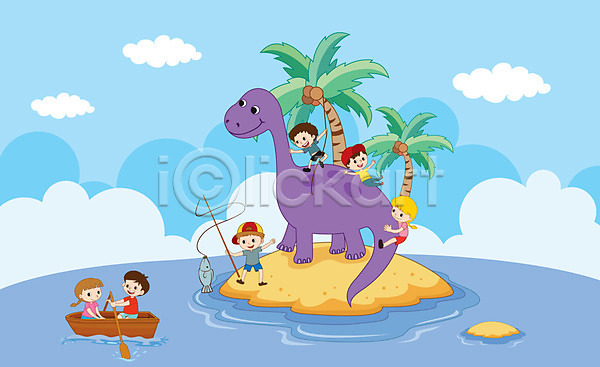 즐거움 남자 사람 어린이 어린이만 여러명 여자 AI(파일형식) 일러스트 공룡 나룻배 낚시 바다 상반신 섬 승차 야자수 전신 한마리 해변