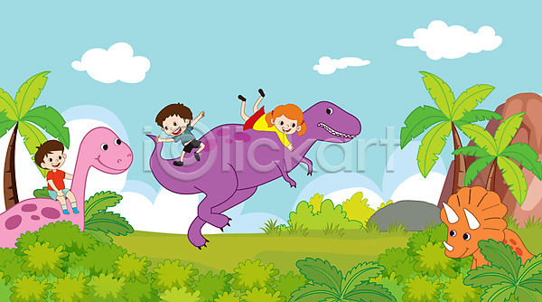 즐거움 남자 사람 세명 어린이 어린이만 여자 AI(파일형식) 일러스트 공룡 놀기 달리기 매달리기 세마리 숨기 승차 야자수 전신 초원(자연)