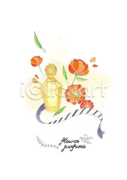사람없음 PSD 일러스트 꽃 꽃잎 리본 미용용품 번짐 뷰티 수채화(물감) 주황색 향수