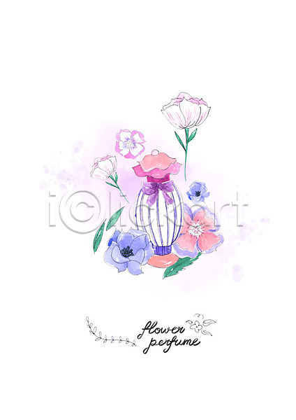 사람없음 PSD 일러스트 꽃 리본 미용용품 번짐 보라색 분홍색 뷰티 수채화(물감) 향수