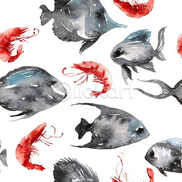 사람없음 JPG 포토 해외이미지 디자인 백그라운드 번짐 새우 수채화(물감) 어류 여러마리 패턴 패턴백그라운드
