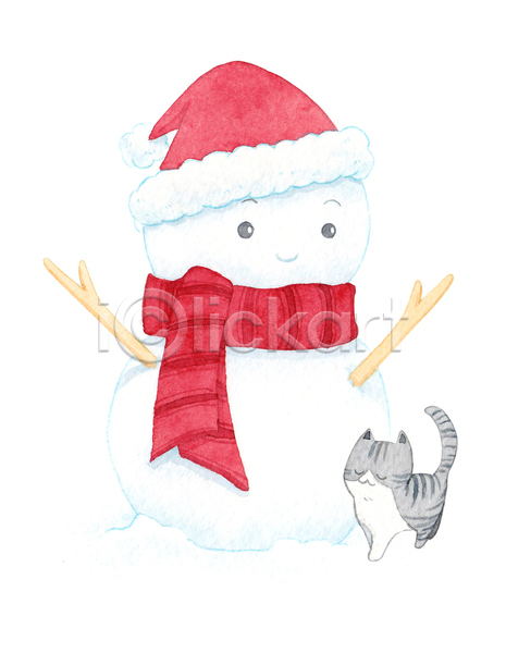 사람없음 JPG 일러스트 포토 해외이미지 겨울 고양이 눈사람 디자인 목도리 수채화(물감) 크리스마스