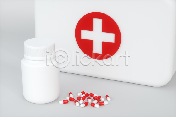 사람없음 3D JPG 해외이미지 구급상자 십자가모양 알약 약병 의학 흰색