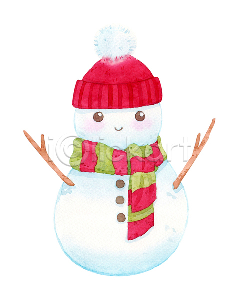 사람없음 JPG 일러스트 포토 해외이미지 겨울 눈사람 목도리 수채화(물감) 장식 캐릭터 크리스마스