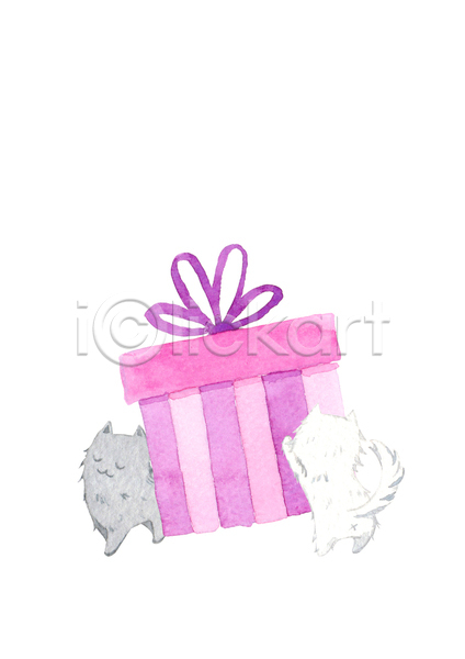 사람없음 JPG 포토 해외이미지 고양이 그림 두마리 들기 선물상자 수채화(물감)