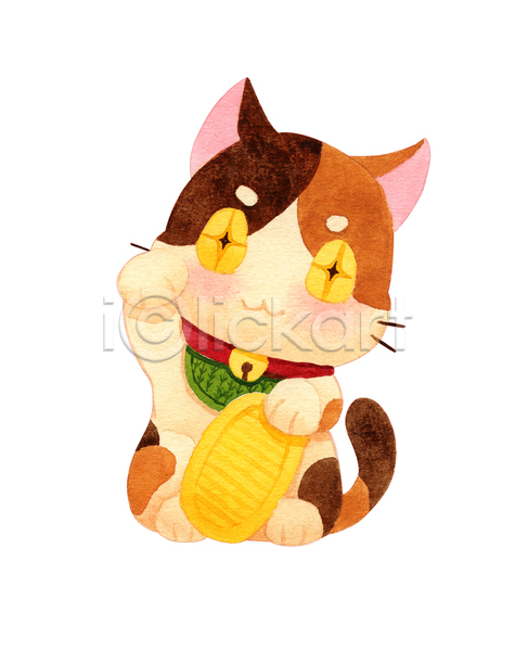 사람없음 JPG 포토 해외이미지 고양이 그림 금화 마네키네코 수채화(물감) 한마리