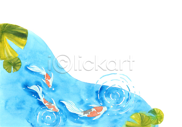 사람없음 JPG 포토 해외이미지 그림 비단잉어 세마리 수채화(물감) 연잎 카피스페이스 하늘색