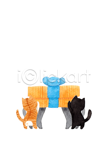 사람없음 JPG 포토 해외이미지 고양이 그림 들기 선물상자 수채화(물감) 여러마리