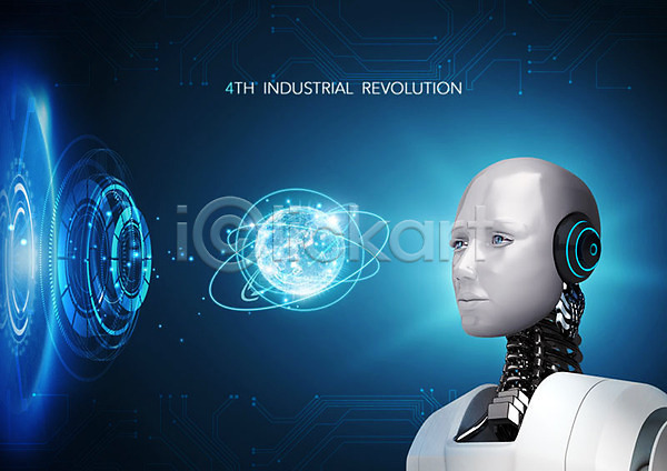 혁명 사람없음 PSD 편집이미지 4차산업 AI(인공지능) 기술혁신 로봇 빅데이터 빛 사물인터넷 정보 정보기술 지구 파란색 회로판