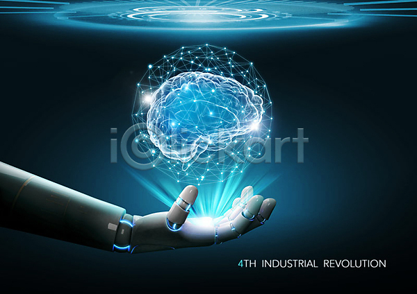 혁명 사람없음 PSD 편집이미지 4차산업 AI(인공지능) 기술혁신 네트워크 두뇌 로봇 로봇팔 빛 사물인터넷 정보 정보기술 파란색