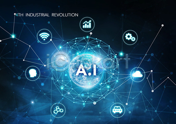 혁명 사람없음 PSD 편집이미지 4차산업 AI(인공지능) 그래프 기술혁신 네트워크 두뇌 빛 생명공학 생체인식기술 와이파이 자율주행 정보 정보기술 지구 클라우드서비스 톱니바퀴 파란색 폴리곤