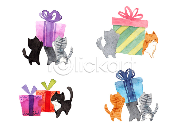 사람없음 JPG 포토 해외이미지 고양이 그림 들기 선물상자 세트 수채화(물감) 여러마리