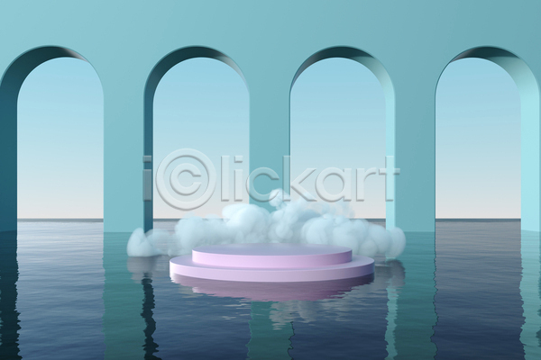 사람없음 3D JPG 포토 해외이미지 공간 구름(자연) 단상 물 반사 백그라운드 수면 아치 원형 포디움 하늘색