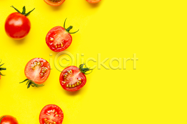 사람없음 JPG 포토 해외이미지 노란배경 단면 방울토마토 실내 카피스페이스 토마토