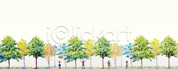 남자 성인 성인만 여러명 여자 JPG 일러스트 해외이미지 그림 나무 만세 서기 수채화(물감) 숲 전신 풍경화