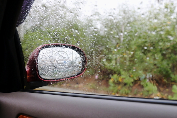 사람없음 JPG 포토 해외이미지 비(날씨) 빗방울 사이드미러 실내 자동차내부 주간 차안 창문 풀(식물) 풍경(경치)