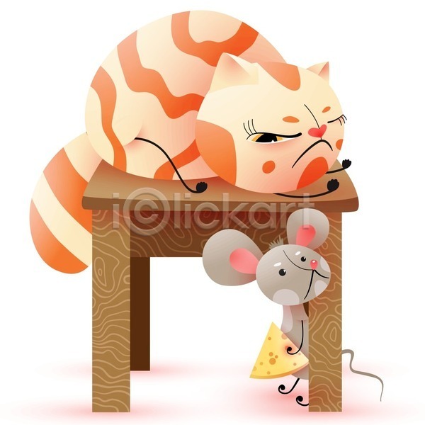 귀여움 사람없음 EPS 일러스트 해외이미지 고양이캐릭터 눕기 들기 의자 조각치즈 쥐