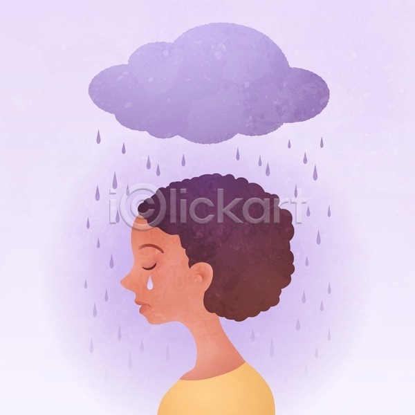 슬픔 우울감 성인 성인여자한명만 여자 한명 EPS 일러스트 해외이미지 눈물 먹구름 보라색 비(날씨) 상반신 우울증 울음