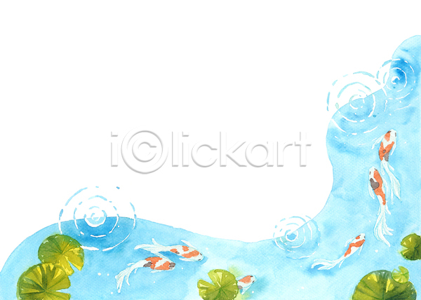 사람없음 JPG 포토 해외이미지 그림 비단잉어 수채화(물감) 여러마리 연잎 카피스페이스