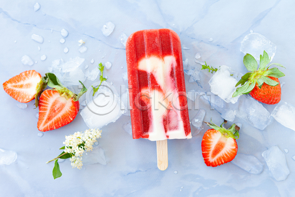 시원함 사람없음 JPG 포토 해외이미지 꽃 딸기 막대아이스크림 아이스크림 얼음 허브
