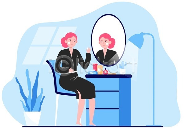 화려 성인 성인여자한명만 여자 한명 EPS 일러스트 해외이미지 거울 로션 뷰티 스탠드 앉기 의자 전신 파란색 피부관리 화분 화장대 화장품 화초