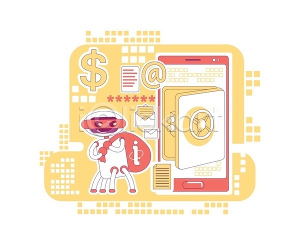 범죄 사람없음 EPS 일러스트 해외이미지 AI(인공지능) 금고 금고털이 노란색 달러 도둑 들기 로봇 보안 빨간색 스마트폰 은행(금융) 캐릭터