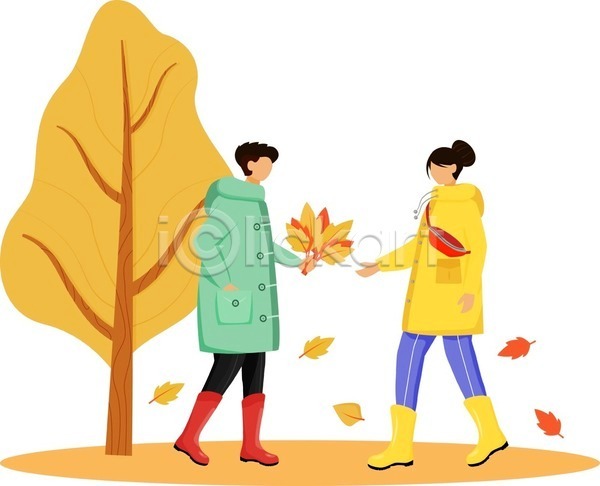 남자 두명 성인 성인만 여자 EPS 일러스트 해외이미지 가을(계절) 낙엽 노란색 다발 단풍나무 들기 서기 우비 전신 주머니손 커플 프로포즈
