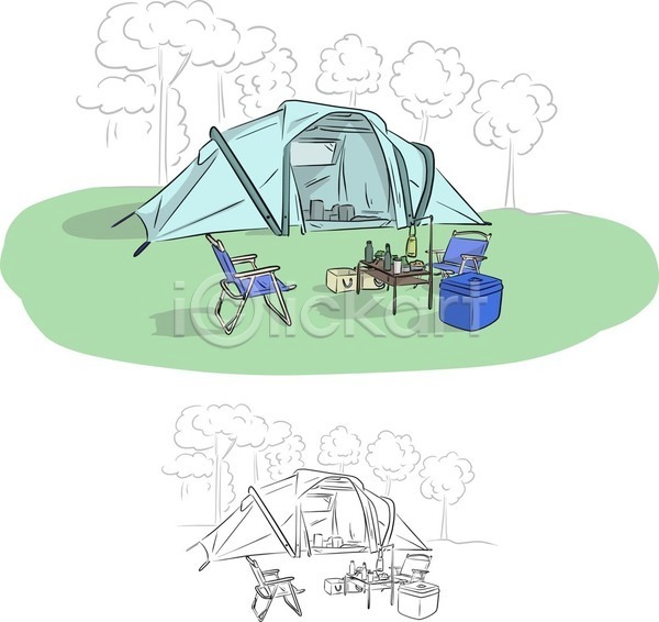 사람없음 EPS 일러스트 해외이미지 라인아트 아이스박스 캠핑 캠핑의자 탁자 텐트