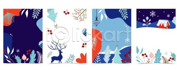 사람없음 EPS 일러스트 해외이미지 겨울 꽃 나무 눈송이 디자인 배너 백그라운드 사슴 잎 크리스마스 파란색 포스터 풍경(경치) 프레임 흰색